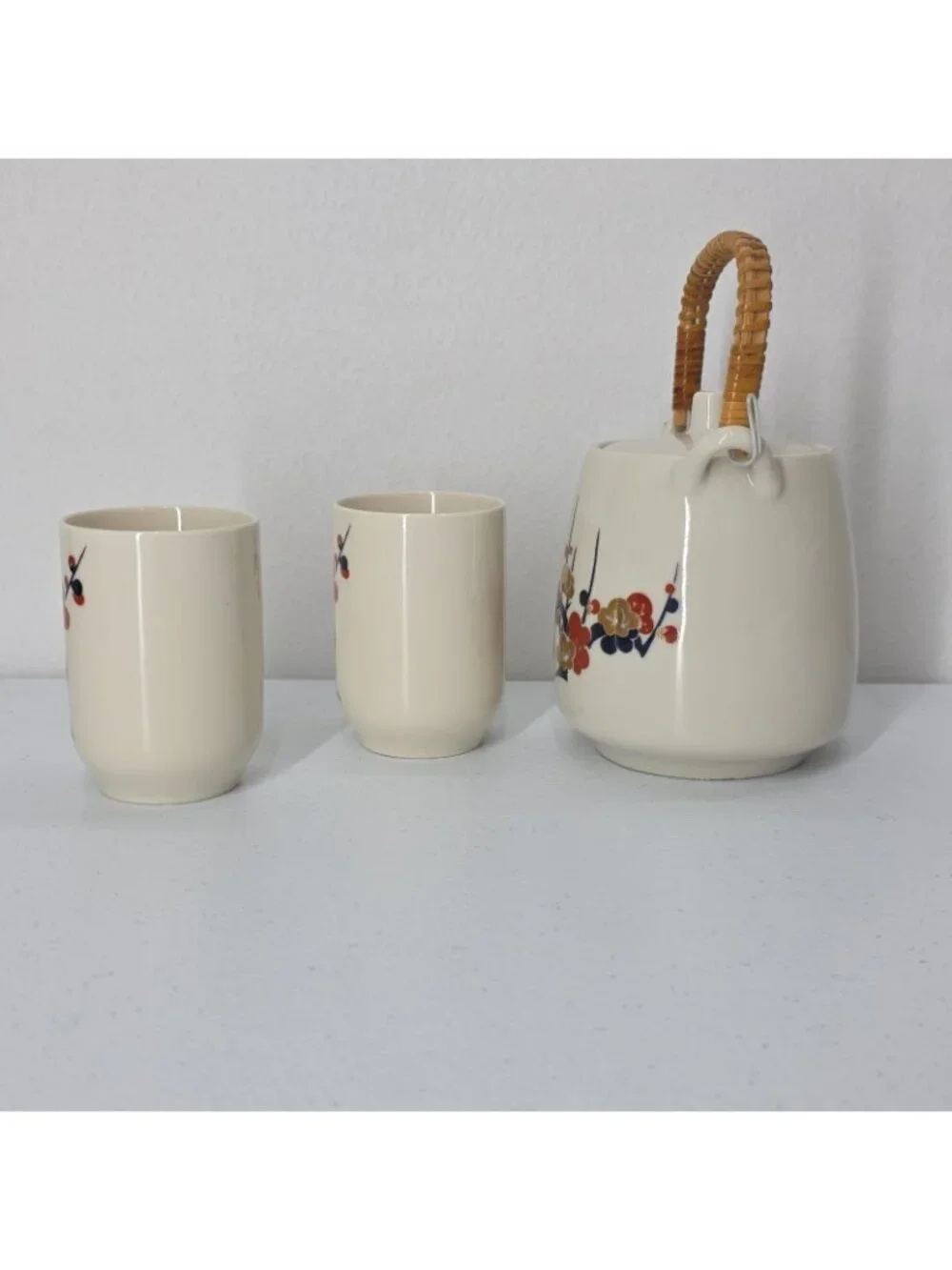 Vtg Kutani Japanese Orange Blossom Gold Saki Tea Set Bamboo Handle Made In Japan